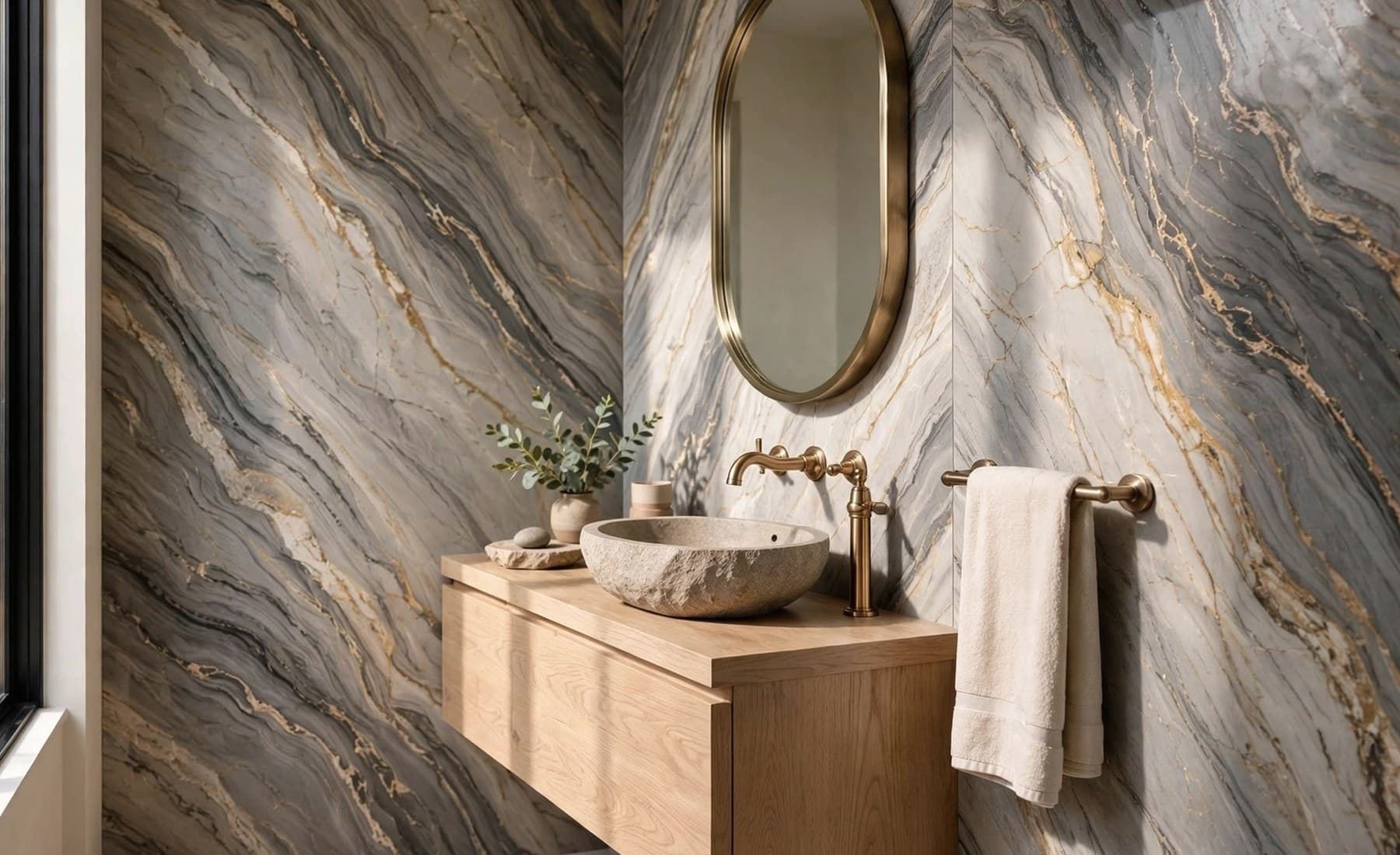Representative bright residential bathroom vanity and finish detail