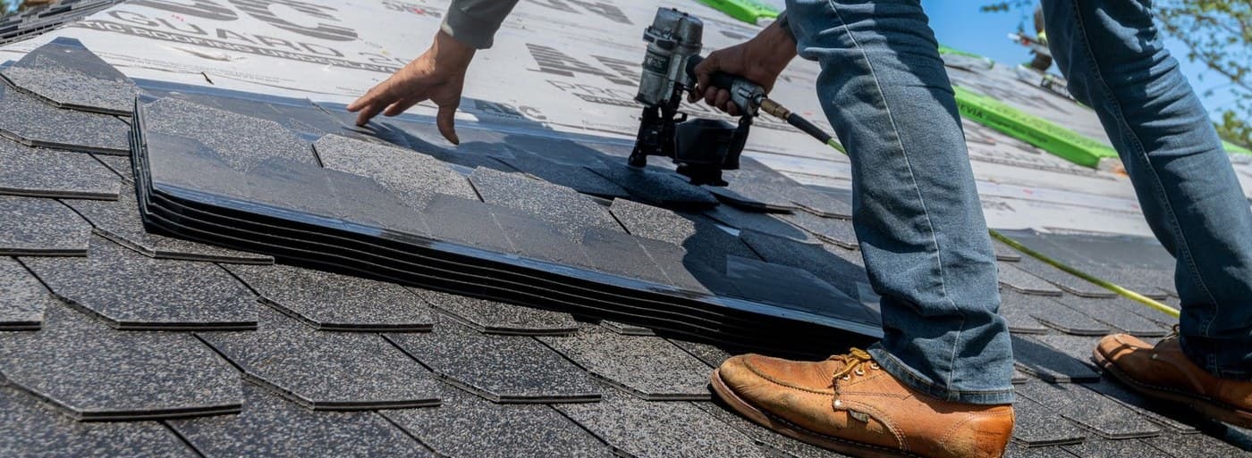Representative roofing installation showing shingles, underlayment, and fastening work
